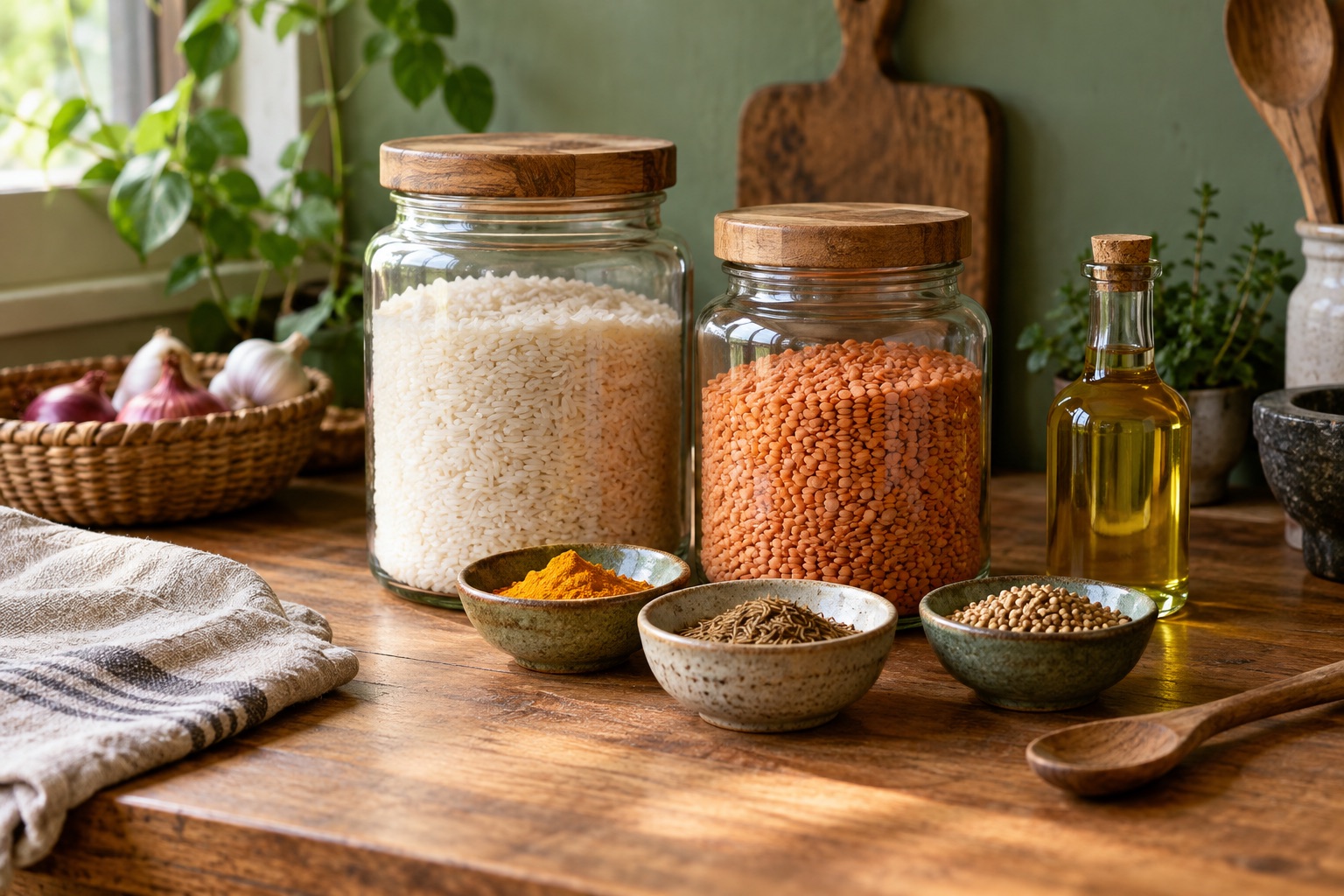 Rice, lentils, cooking oil and spices arranged on a sunlit kitchen counter